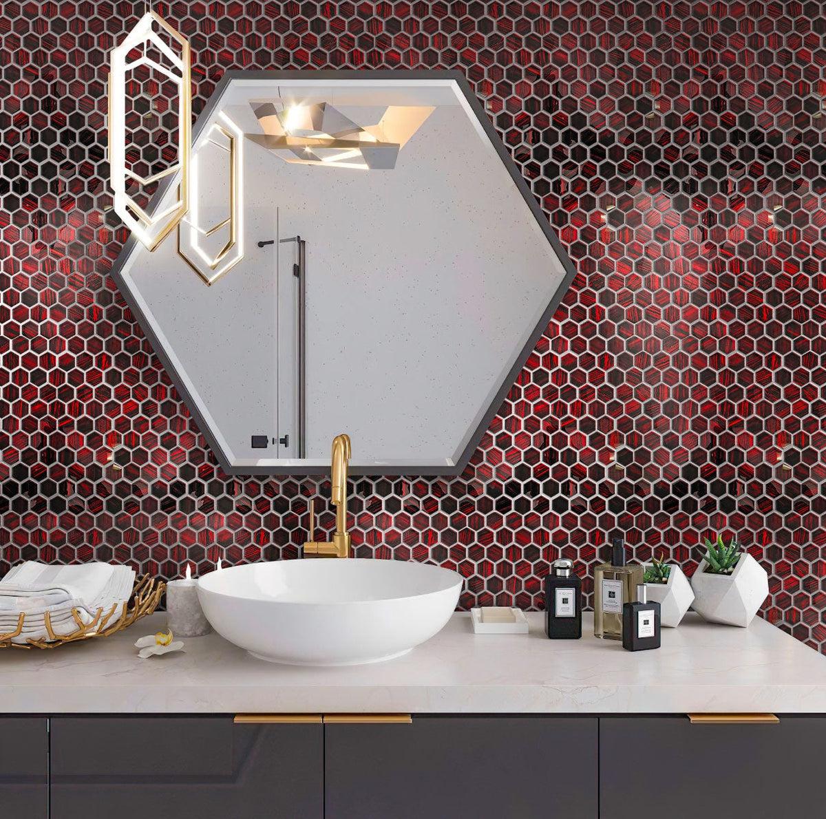Red glass hexagon tile bathroom sink backsplash wall
