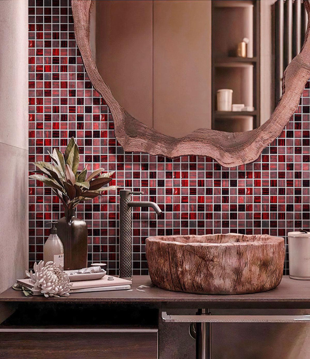 Red glass tile bathroom backsplash