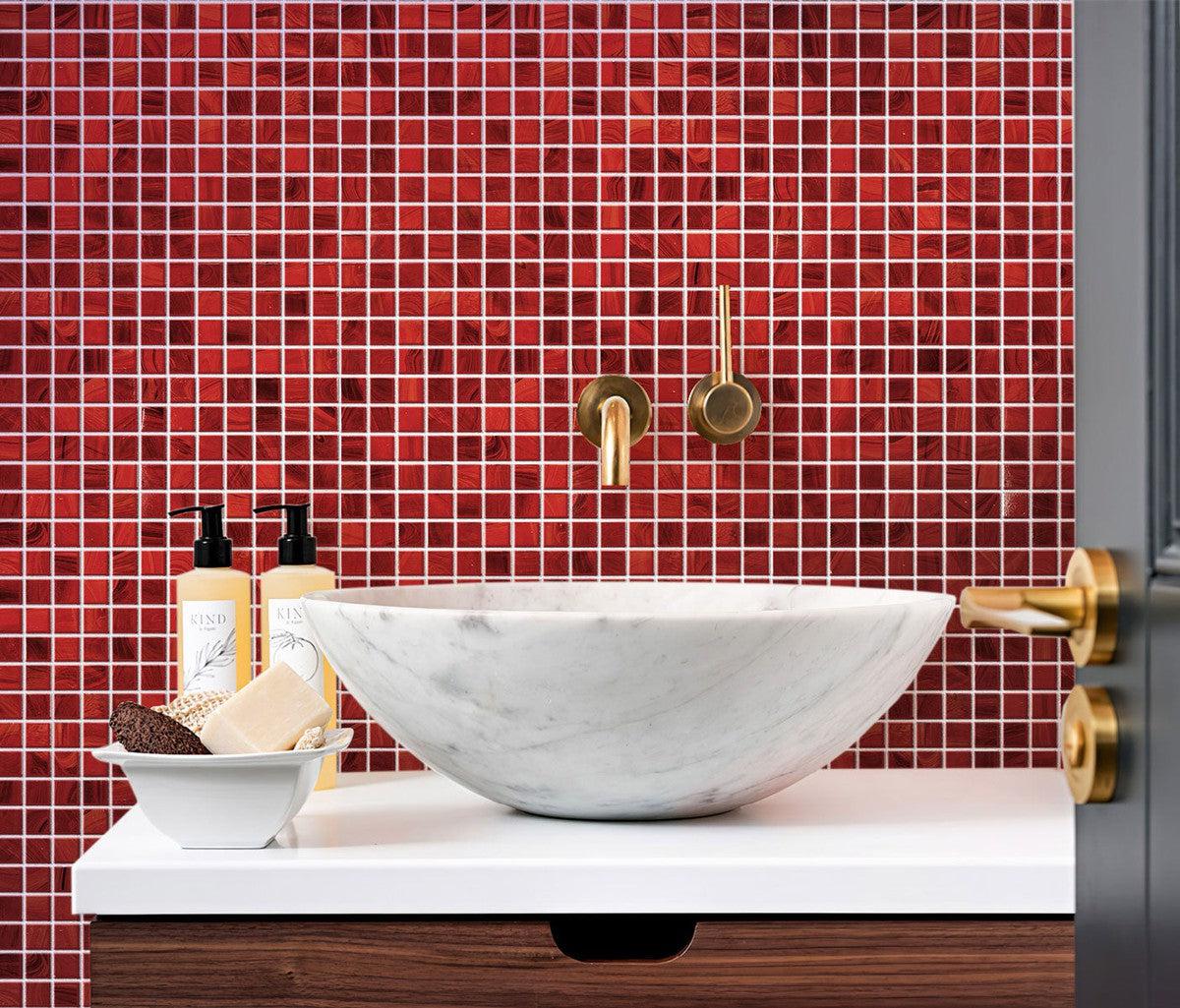Red Swirls Squares Glass Pool Tile Bathroom Backsplash