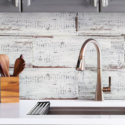 Bronze Kitchen Faucet on Retro Blanco Reclaimed Wood Look Tile Wall Background