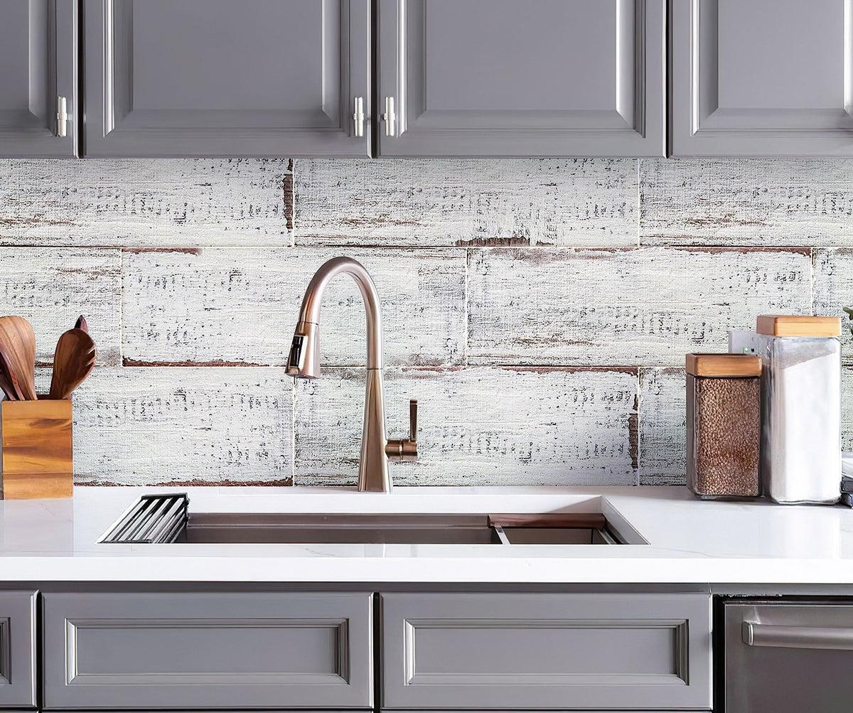 Retro Blanco Reclaimed Wood Look Tile 21X60 Backsplash in Kitchen of White & Grey 