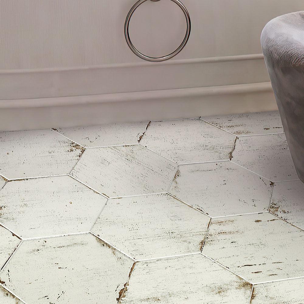 Retro Blanco Hex Whitewashed Porcelain Floor Close-up