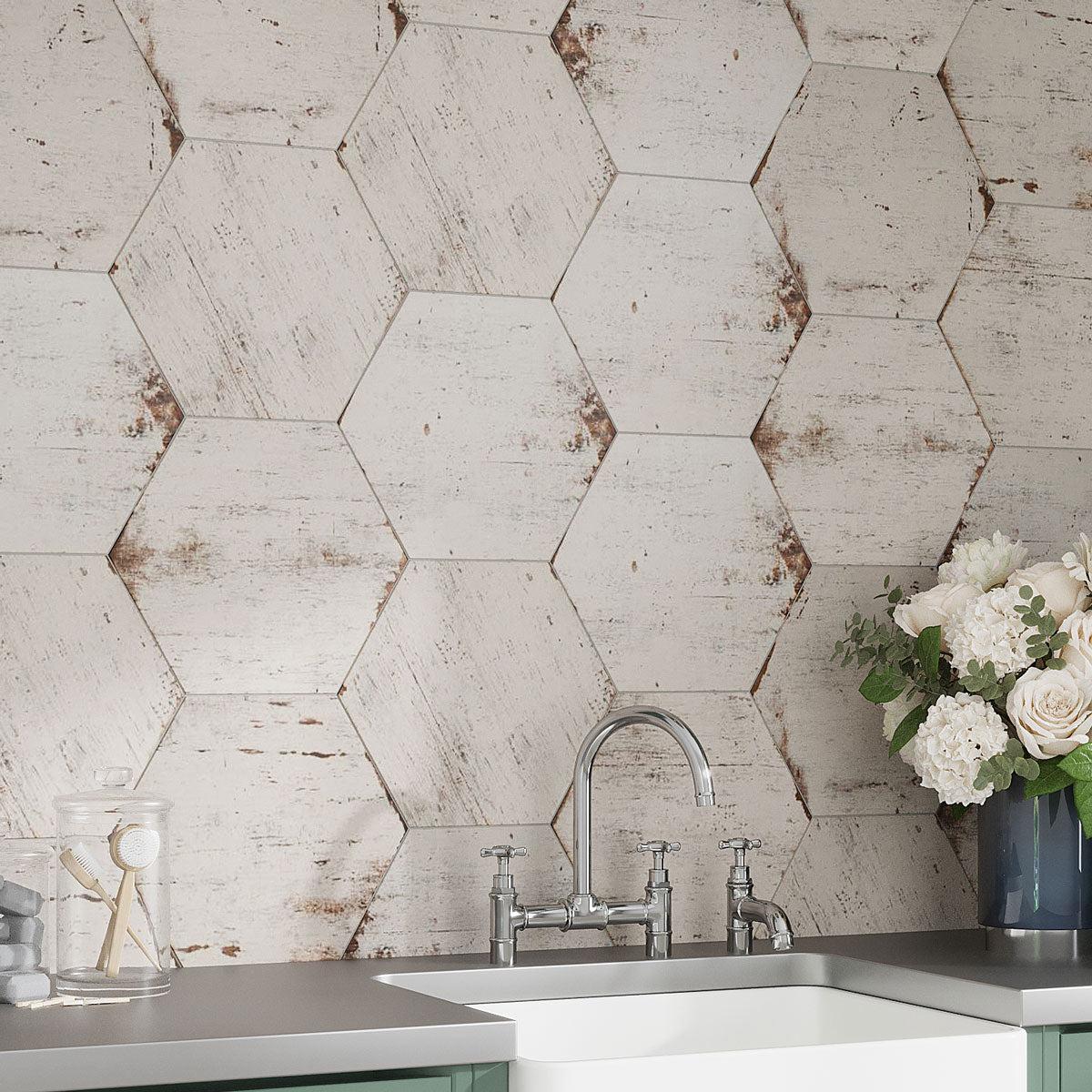 Retro Blanco Hex Whitewashed Wood-Look Porcelain Tile