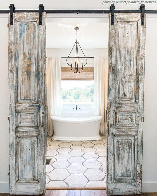 Country Farmhouse Bathroom with Retro Porcelain Hexagon Floor Tiles