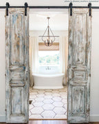 Country Farmhouse Bathroom with Retro Porcelain Hexagon Floor Tiles