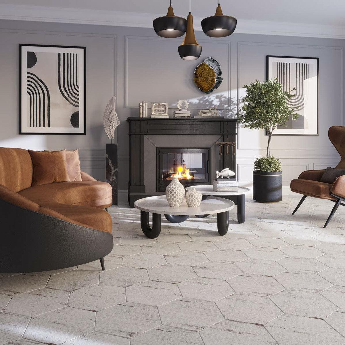 Living Room Floor with Retro Blanco Hex Whitewashed Porcelain Tile