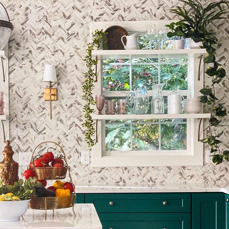 Recycled Glass Herringbone Mosaic In Calacatta Marble Color Backsplash on HGTV