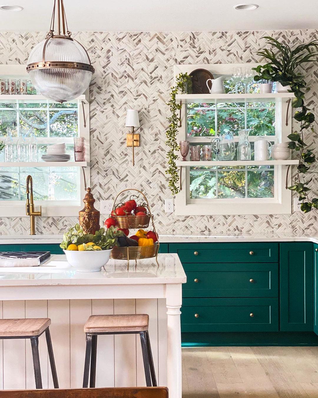 Recycled Glass Herringbone Mosaic In Calacatta Marble Color Seen on HGTV Rock the Block Episode Rock the Kitchens
