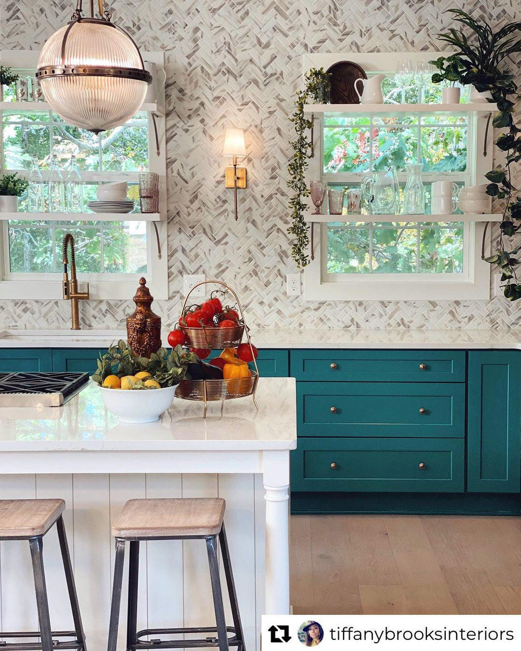 Recycled Glass Herringbone Mosaic In Calacatta Marble Color Seen on HGTV Rock the Block  Episode Rock the Kitchens