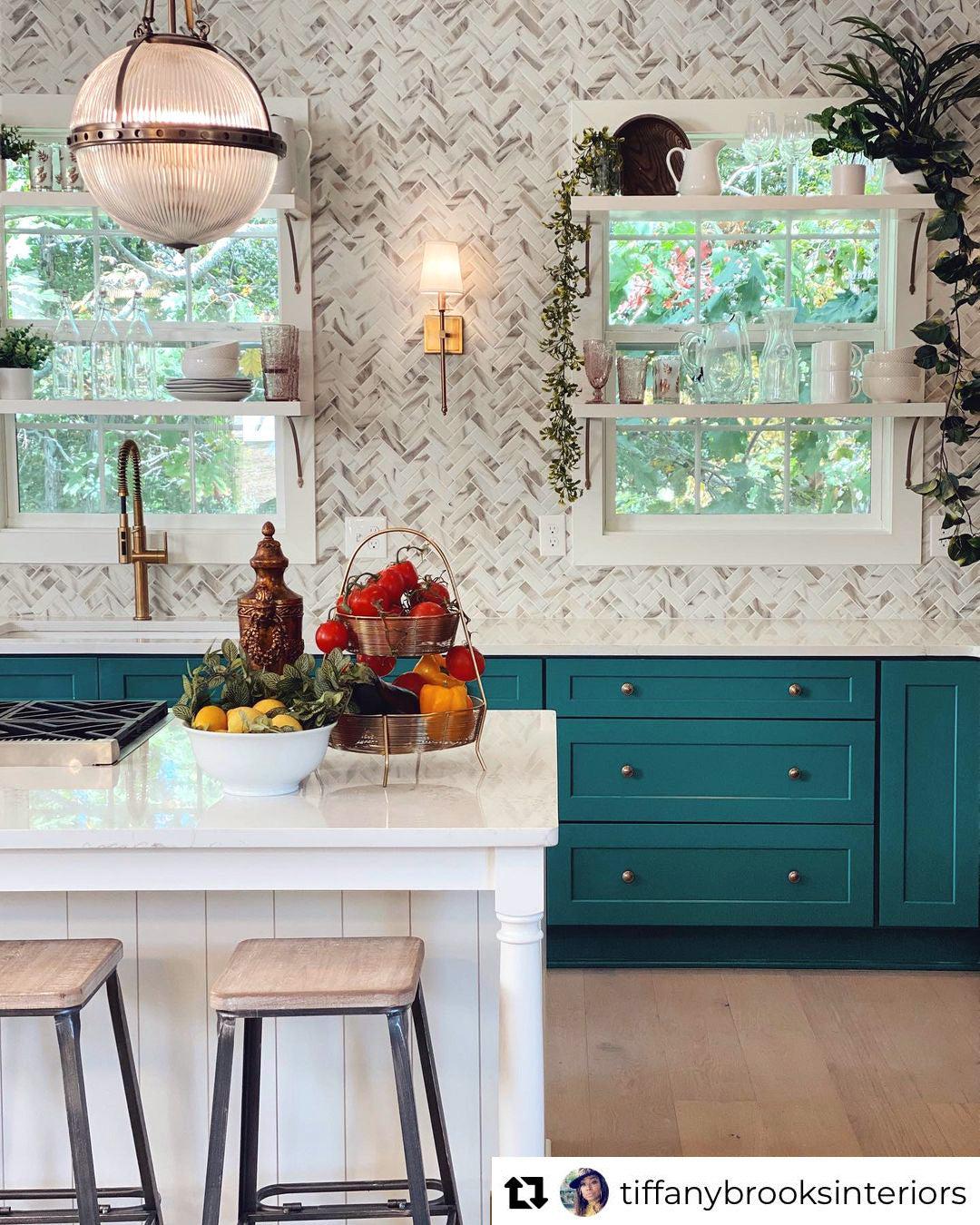 Recycled Glass Herringbone Mosaic In Calacatta Marble Color Seen on HGTV Rock the Block  Episode Rock the Kitchens