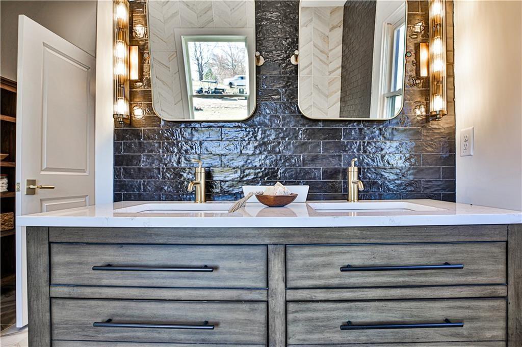 Modern Wood Vanity with Tile Club Mallorca Black Ceramic Subway Tiles and Brass Faucets