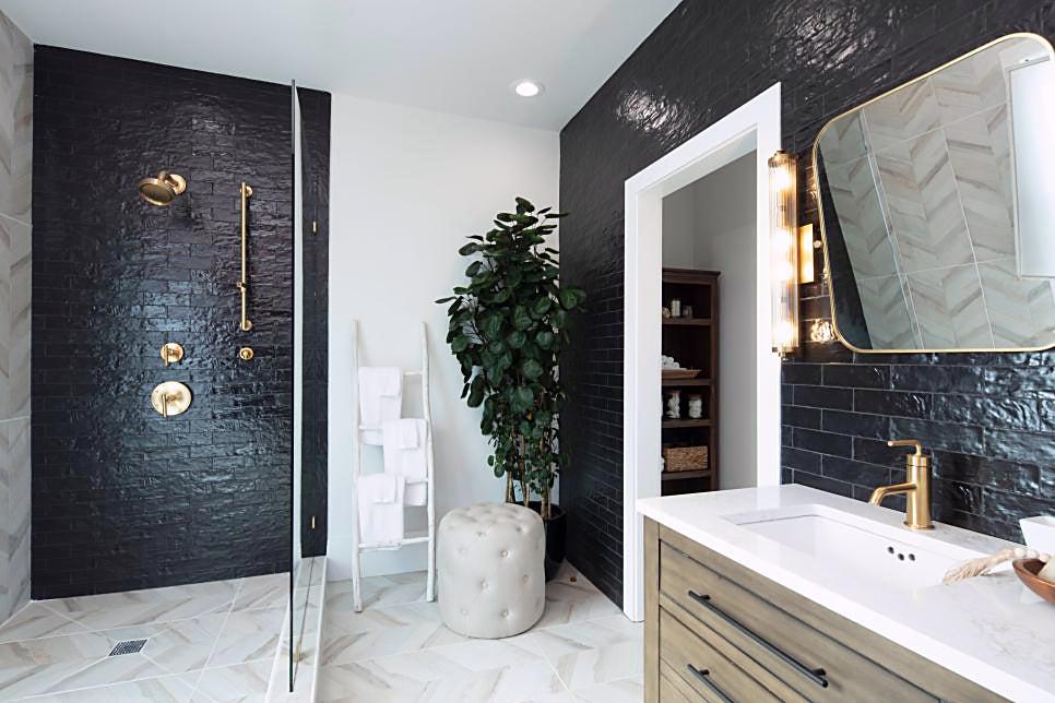 Mallorca Black Ceramic Subway Tile *Seen on HGTV Rock the Block -' in Tiffany Brooks and David Bromstad's Master Bathroom
