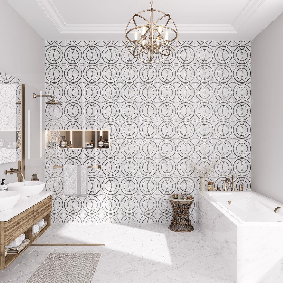 Luxurious bathroom with a statement wall of circular waterjet tiles