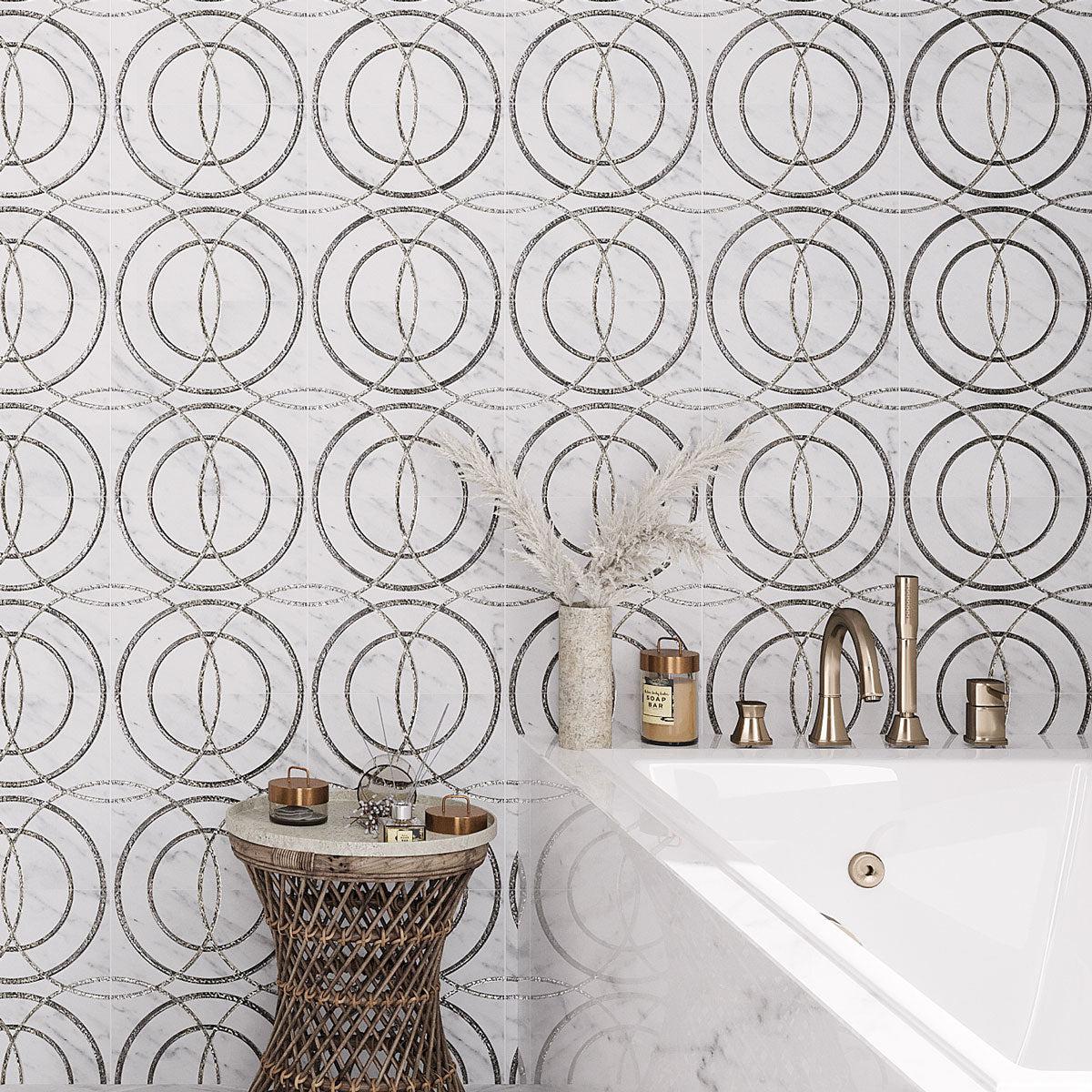 Roman Circles Carrara White Waterjet Mosaic With Silver Lines for a glam bathroom accent wall