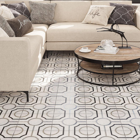 Patterned Floor with Roman Crossroads White Waterjet Mosaic With Silver Lines