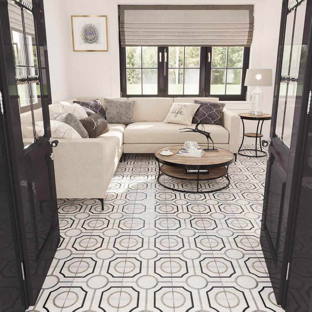 Waterjet mosaic floor tiles with a grand pattern