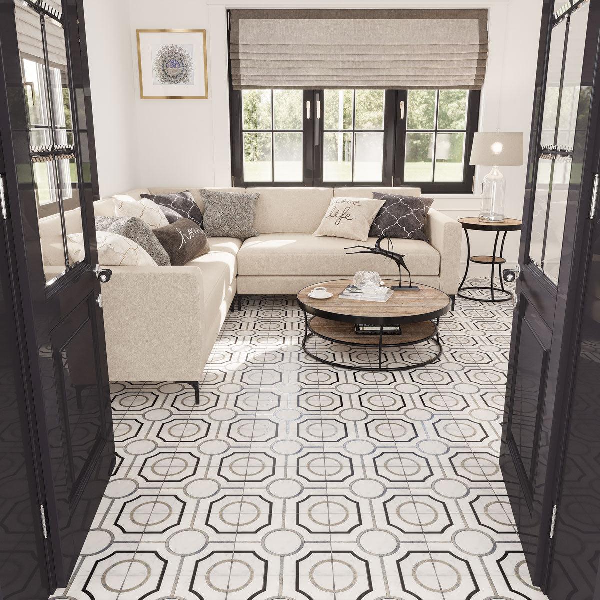 Waterjet mosaic floor tiles with a grand pattern