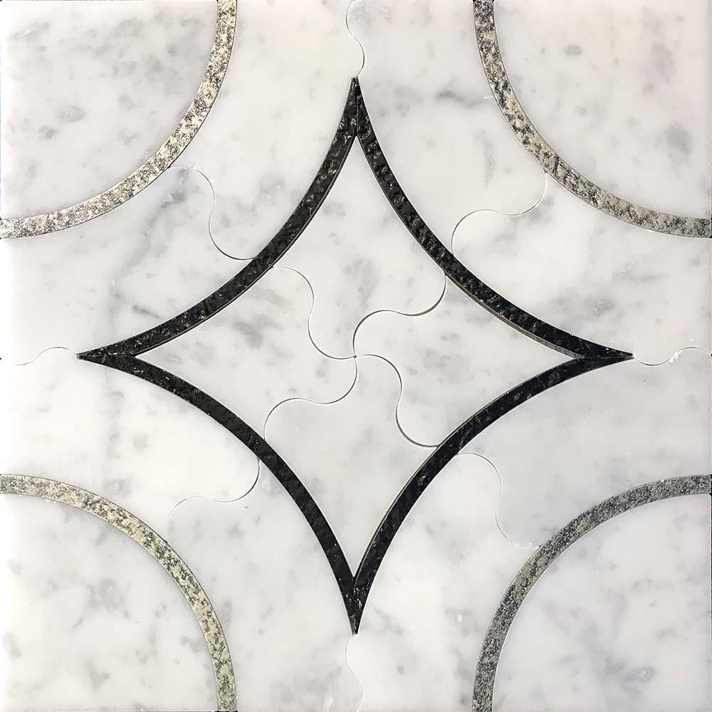 Roman Diamond Carrara White Waterjet Mosaic With Silver Lines Sample