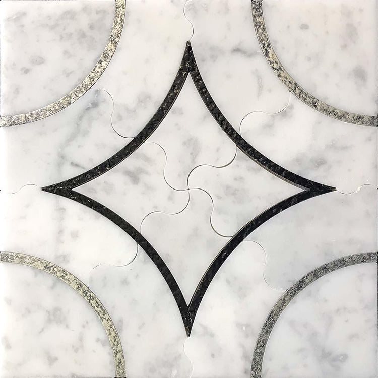 Roman Diamond Carrara White Waterjet Mosaic With Silver Lines Sample