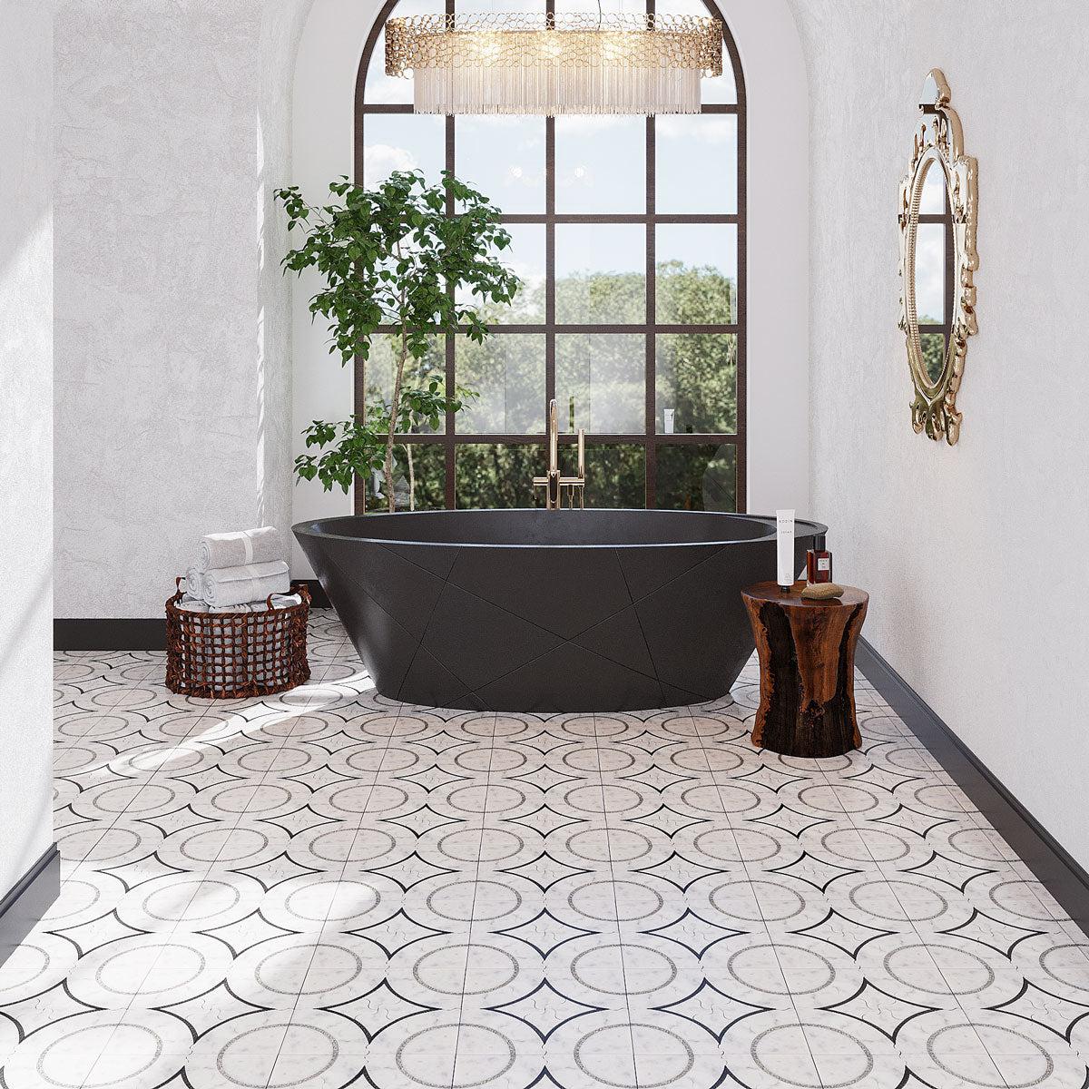Dramatic black and white bathroom with waterjet mosaic floor tiles