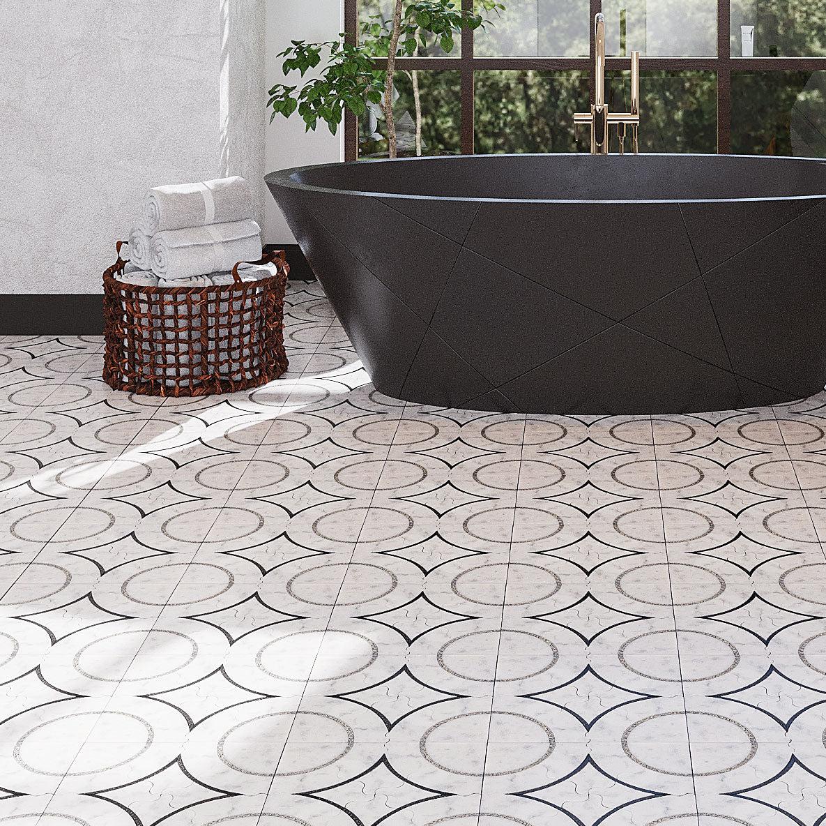 Roman Diamond Carrara White Waterjet Mosaic With Silver Lines bathroom floor