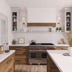 White and wood kitchen with Roman Flower Bardiglio & Carrara Marble Mosaic Tile backsplash under the range hood