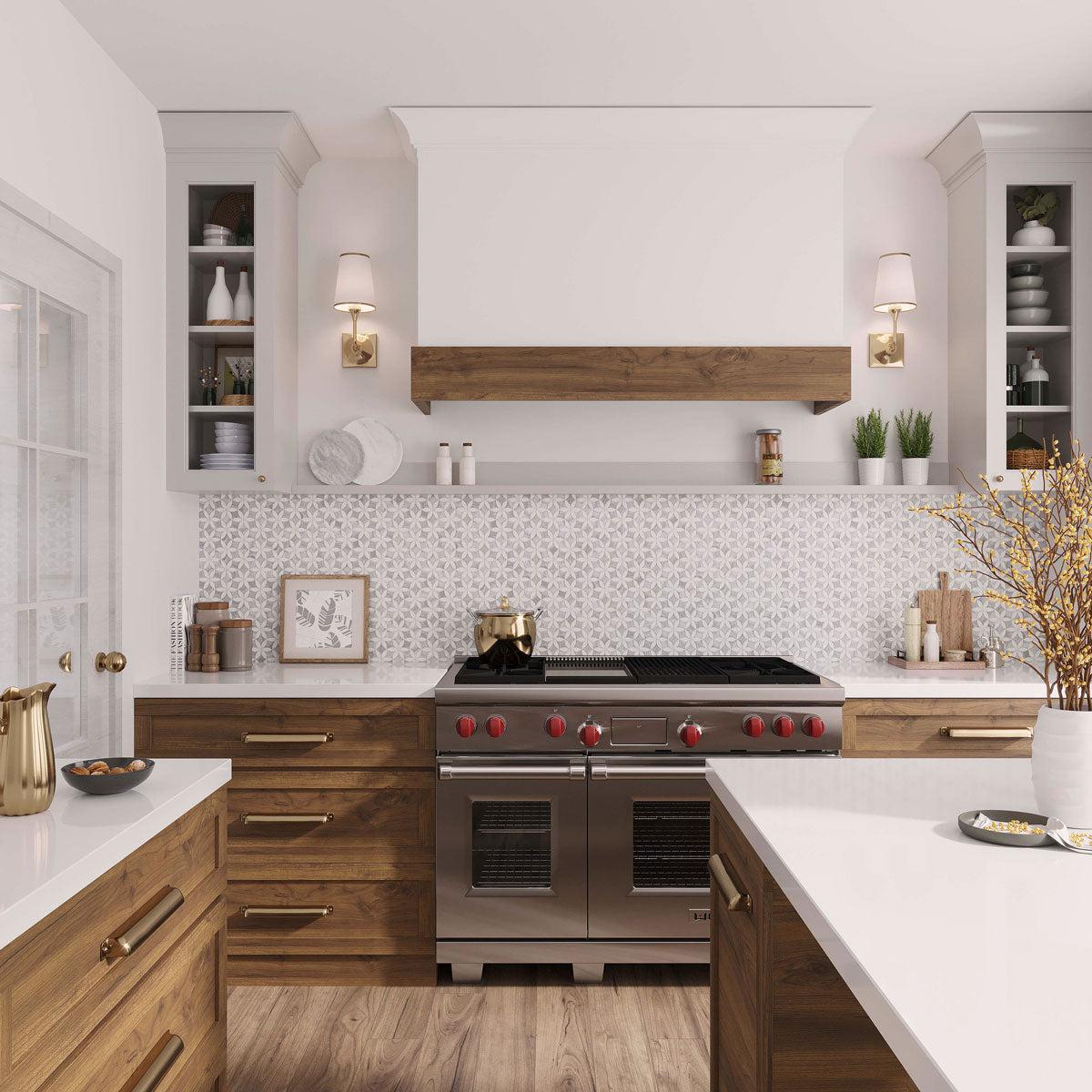White and wood kitchen with Roman Flower Bardiglio & Carrara Marble Mosaic Tile backsplash under the range hood