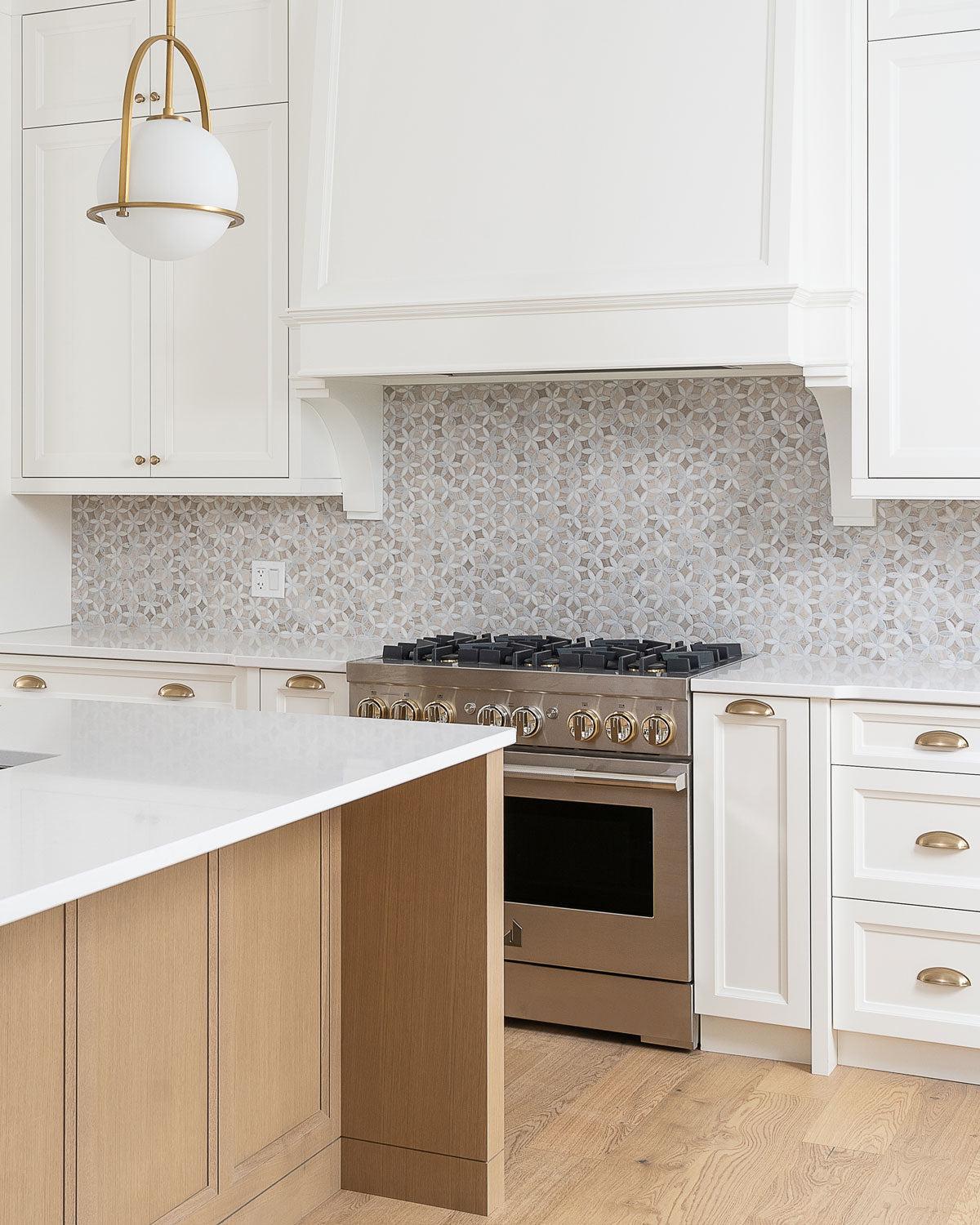 Custom Built White and Wood Kitchen with Roman Flower Wooden Beige And Carrara Marble Mosaic Tile Backsplash