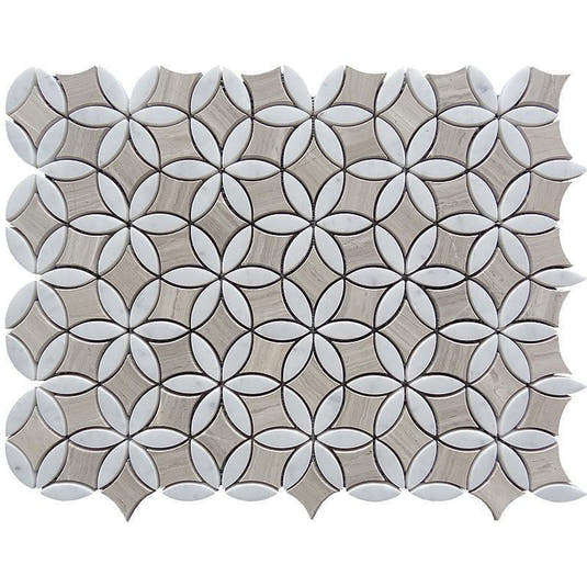 Roman Flower Wooden Beige And Carrara Marble Mosaic Tile Sample