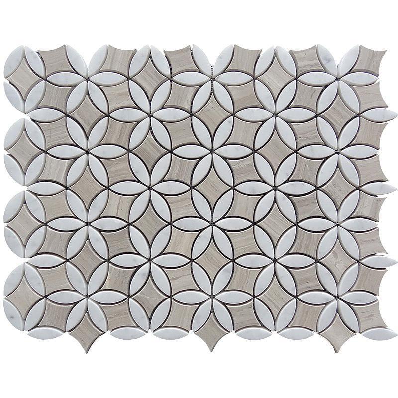 Roman Flower Wooden Beige And Carrara Marble Mosaic Tile | Tile Club