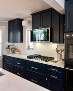Black Cabinets with White Square Rombus Pearl Backsplash Tile