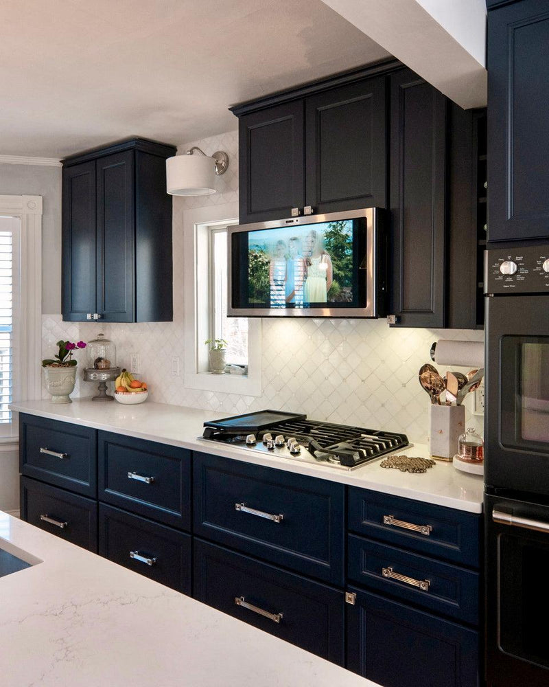 Black Cabinets with White Square Rombus Pearl Backsplash Tile