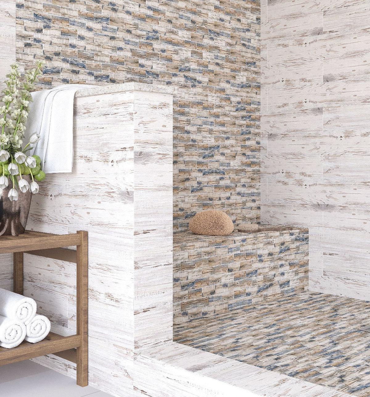Rustic shower with Recycled Glass Subway Mosaic Tile In Blue Wood Color