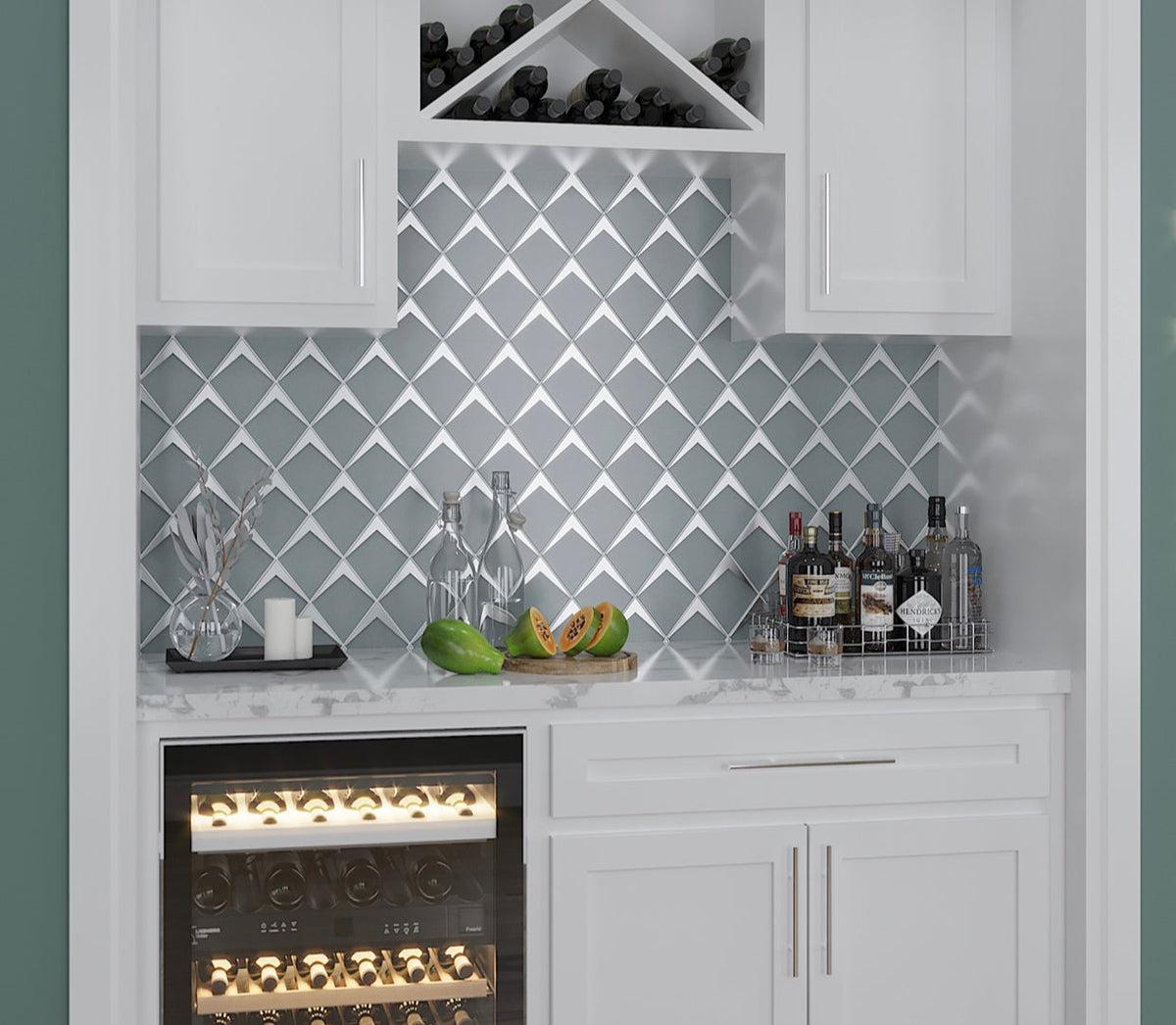 Modern Deco Dry Bar with Wine Fridge and Sage Frost Diamond Glass Mosaic Tiles Backsplash