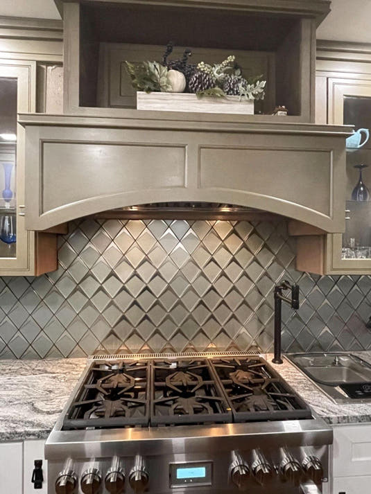 Customer Install - Sage Frost Diamond Glass Mosaic Tile Backsplash with Smoke Gray Painted Vent Hood