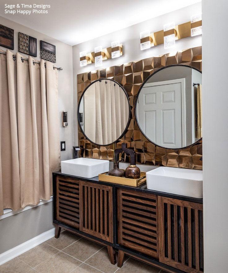 3D Copper porcelain tile for a modern bohemian bathroom vanity wall