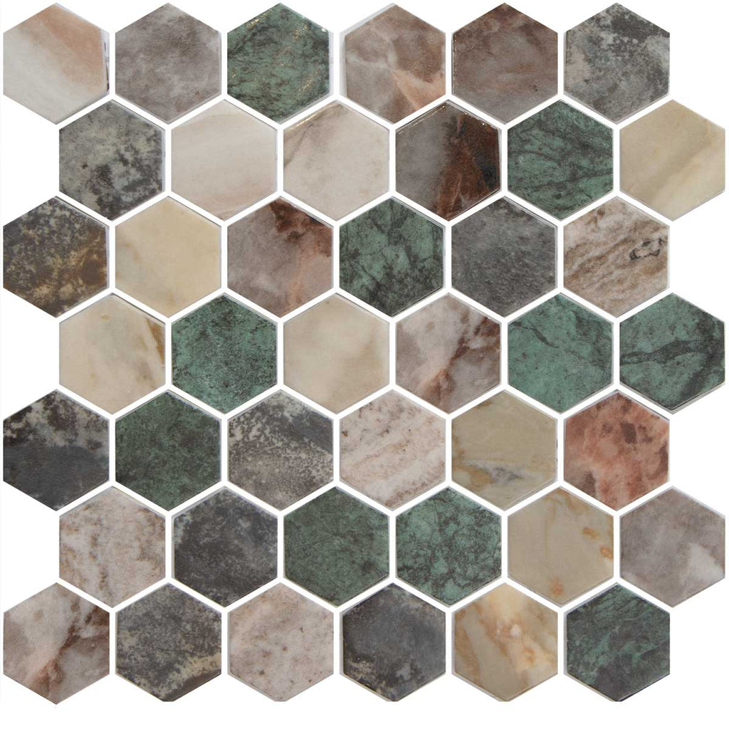 Sagrada Recycled Glass Multicolor Hexagon Mosaic Tile | Tile Club