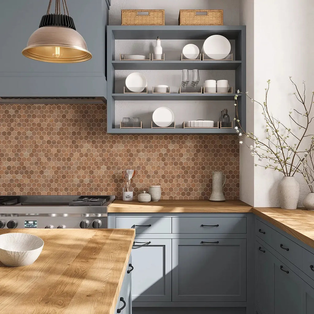 Sagrada Recycled Glass Copper Hexagon Mosaic Tile | Tile Club