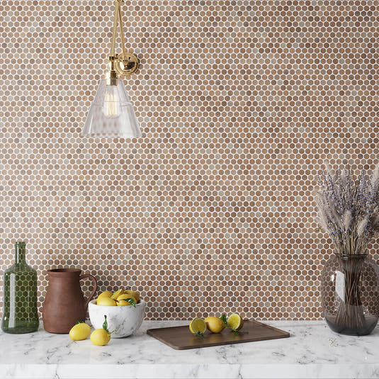 Sagrada Recycled Glass Copper Penny Round Tile Kitchen Backsplash