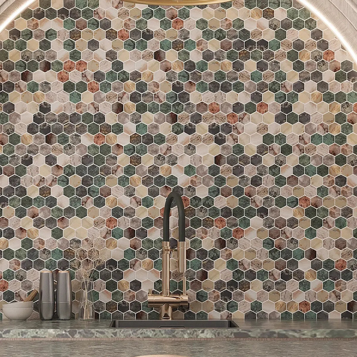 Sagrada Recycled Glass Multicolor Hexagon Mosaic Tile | Tile Club