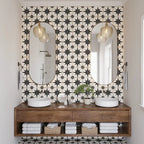 Black and white patterned bathroom wall and floor tile