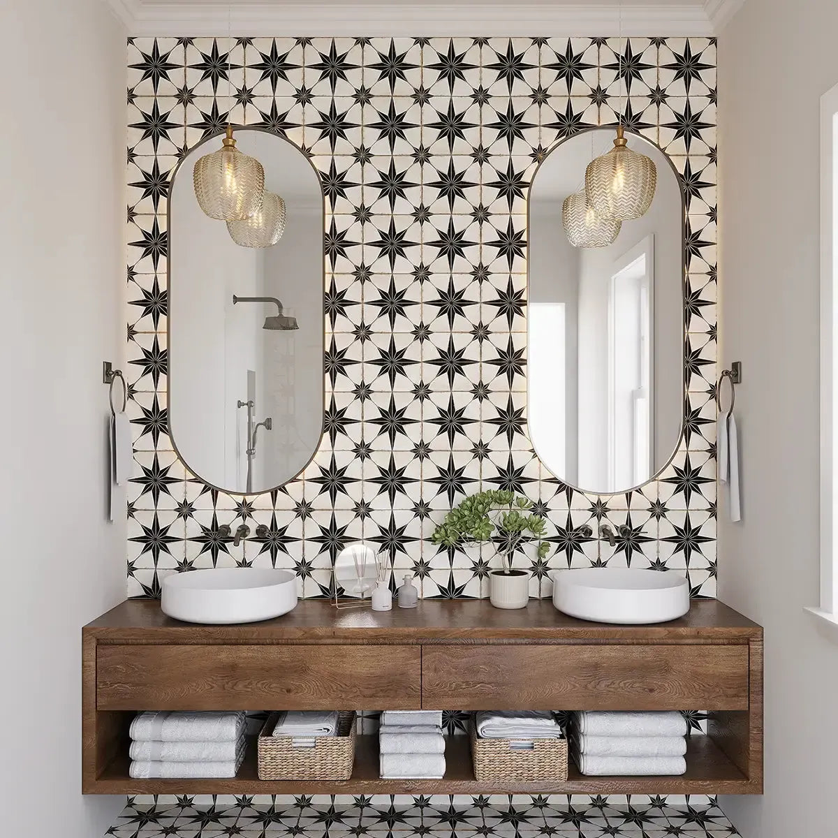 Black and white patterned bathroom wall and floor tile