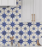 Blue and white star tile kitchen backsplash