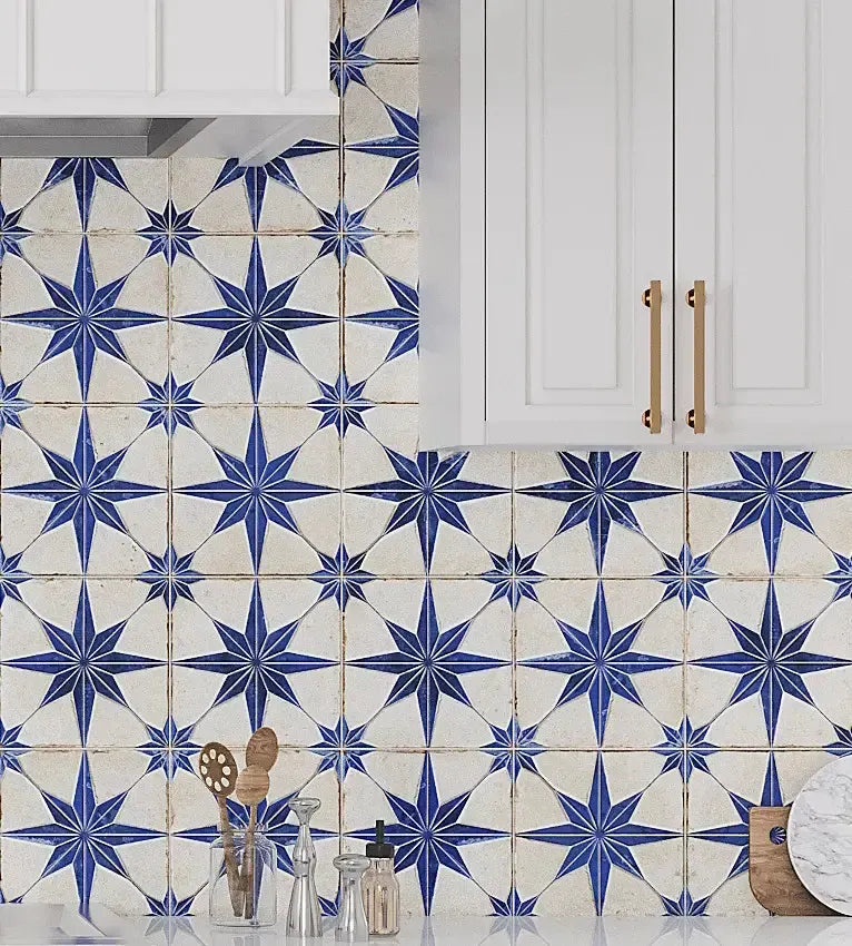 Blue and white star tile kitchen backsplash