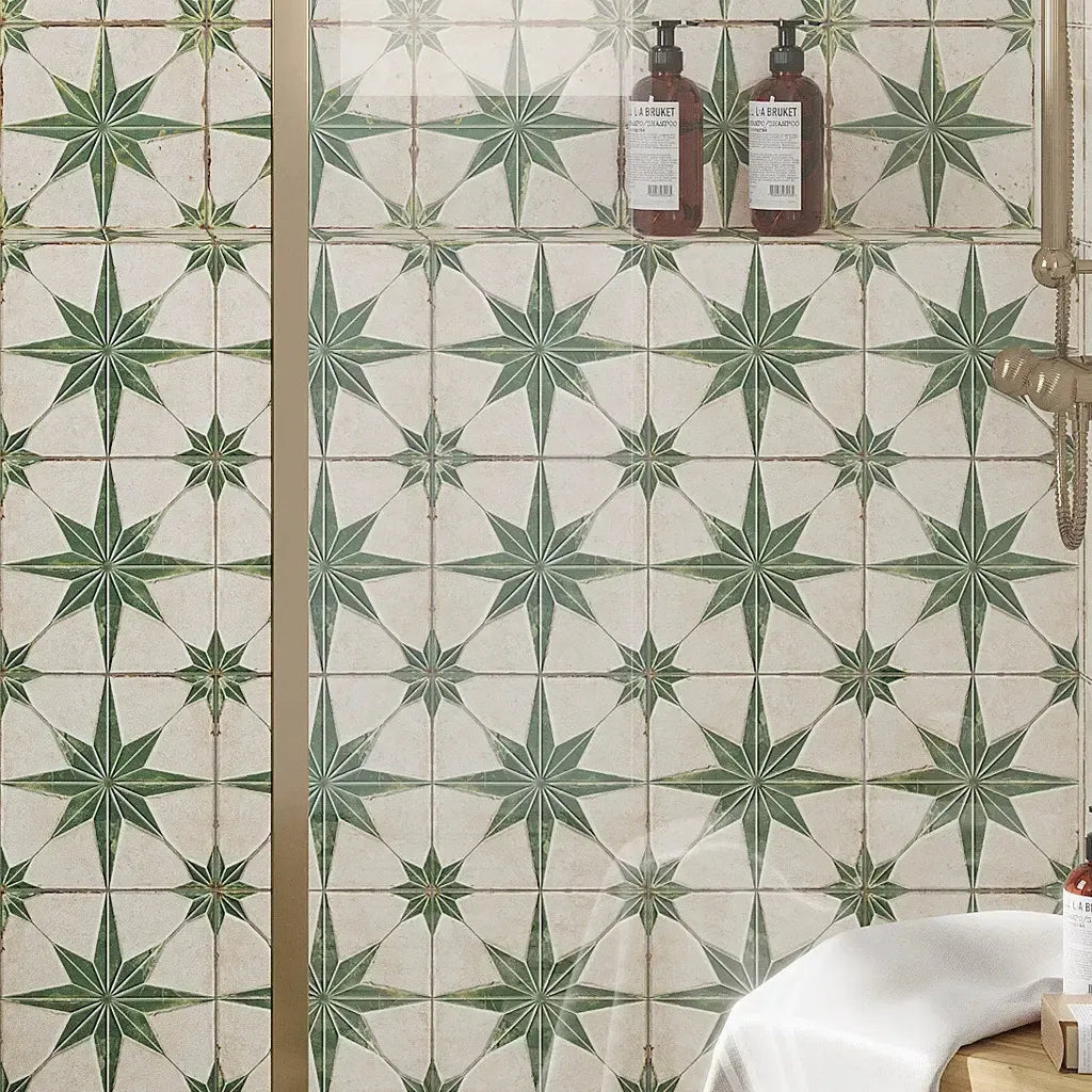 Green star pattern tile for a vintage-inspired shower