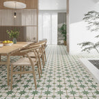 Green star patterned floor tiles for Spanish charm