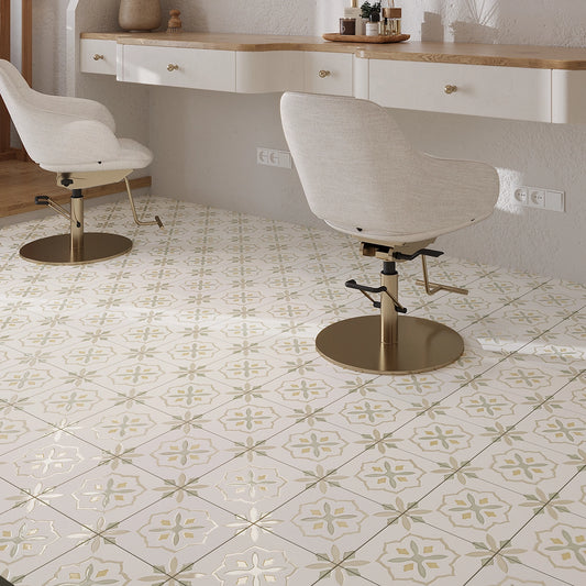 San Clemente Olive Flower 8.78 x 8.78 Porcelain Tile Salon Floor
