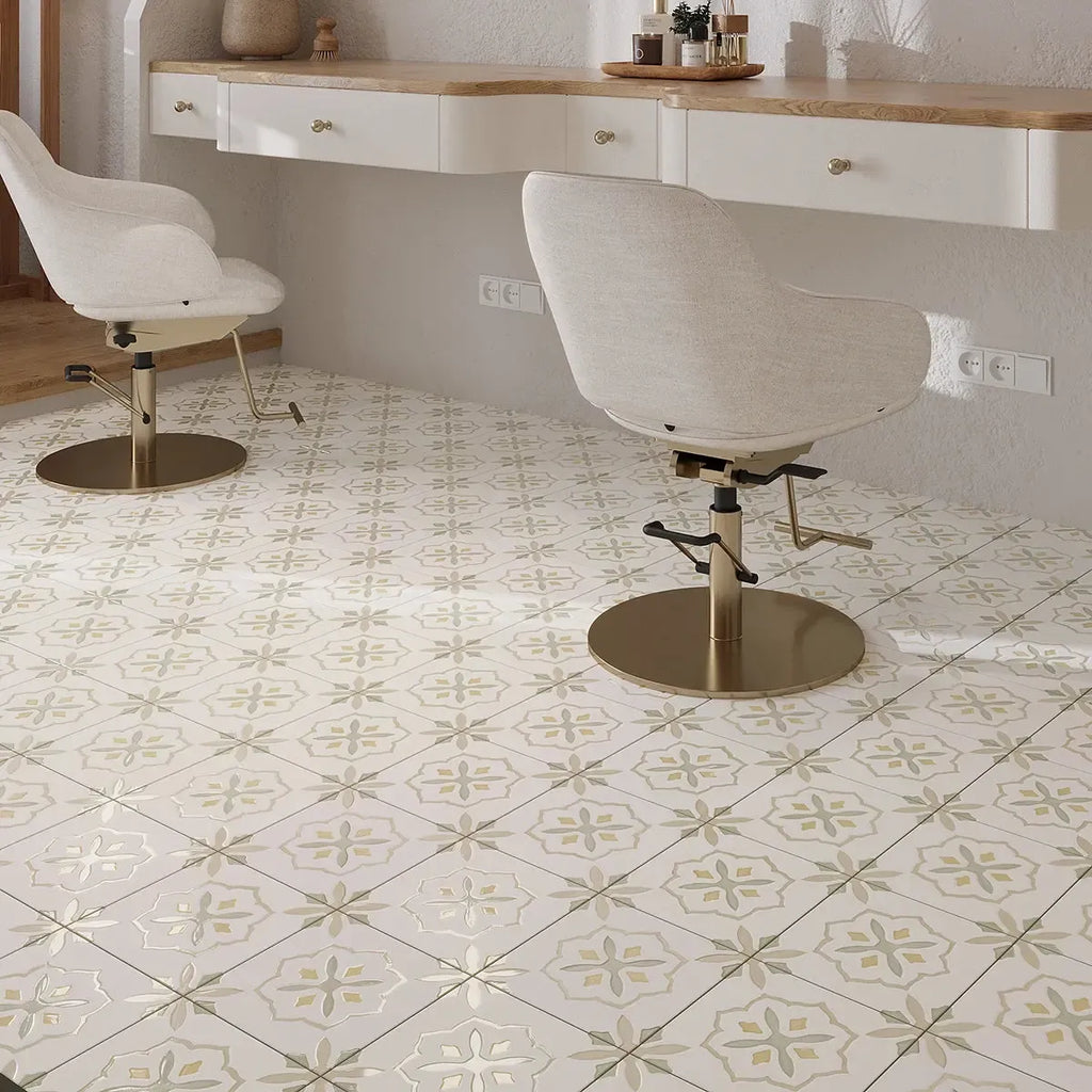 San Clemente Olive Flower 8.78 x 8.78 Porcelain Tile Salon Floor