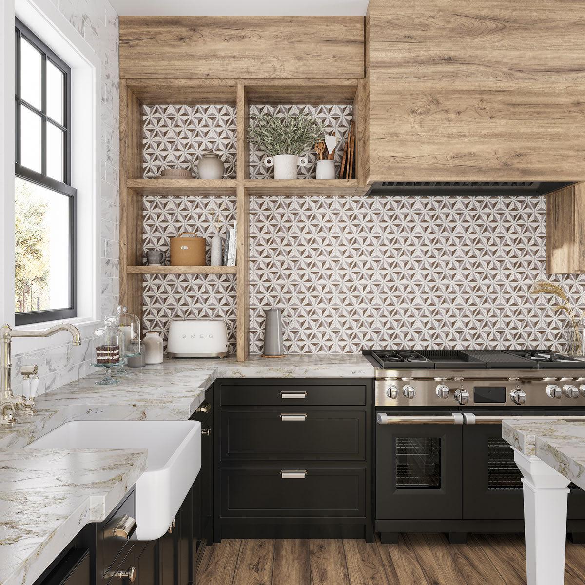 Patterned Kitchen backsplash tile within open shelves behind the stove