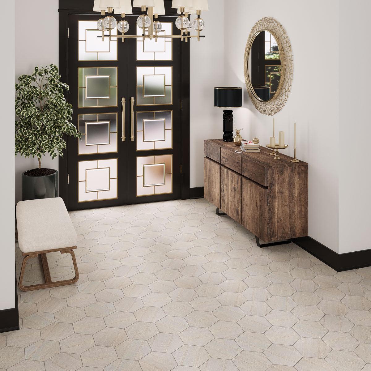Beige marble hexagon floor tiles for a grand entryway